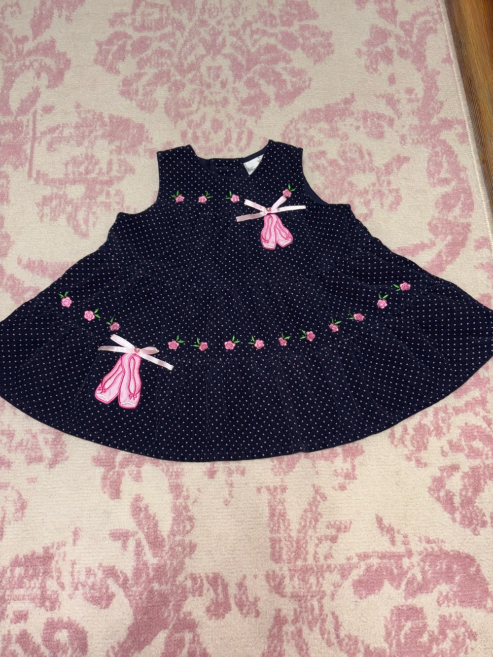 Rare Editions Navy Blue Corduroy Dress with Pink Ballet Slipper Embroidery 24m - Picture 5 of 9